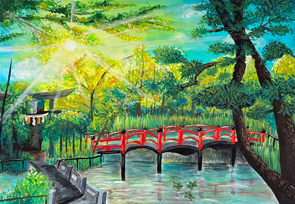 三条市PTA連合会会長賞「太陽に照らされる八幡様境内の赤い橋」第三中　2年　永井　楓華
