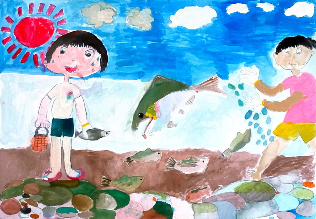 銀賞「楽しいニジマスとり」大浦小　1年　阿部　柑名